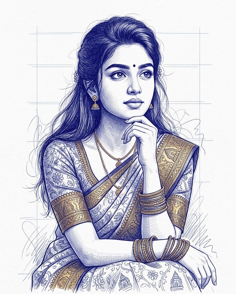 Blue Ink Pen Portrait Sketch