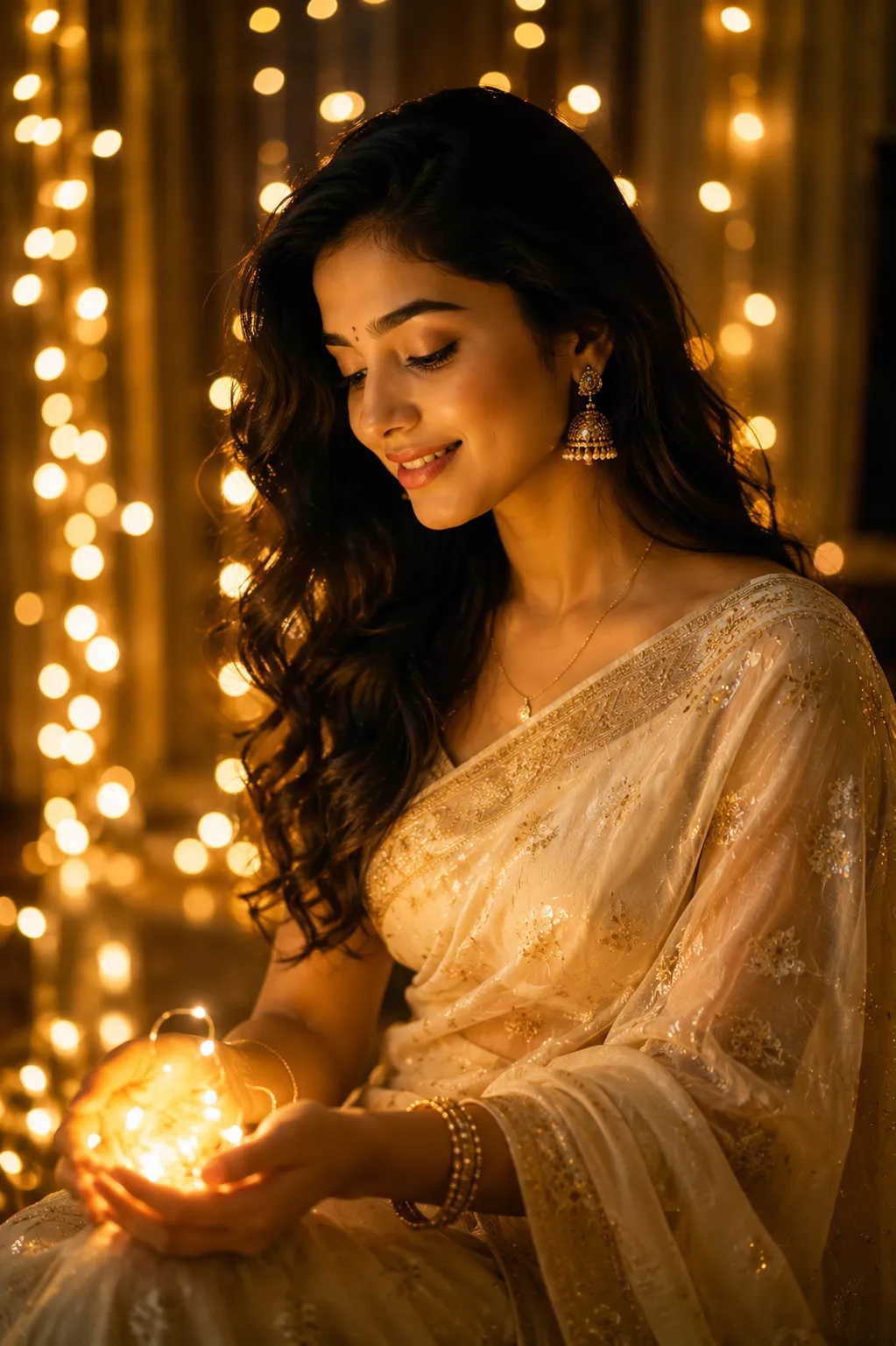 Champagne Saree Fairy Light Portrait