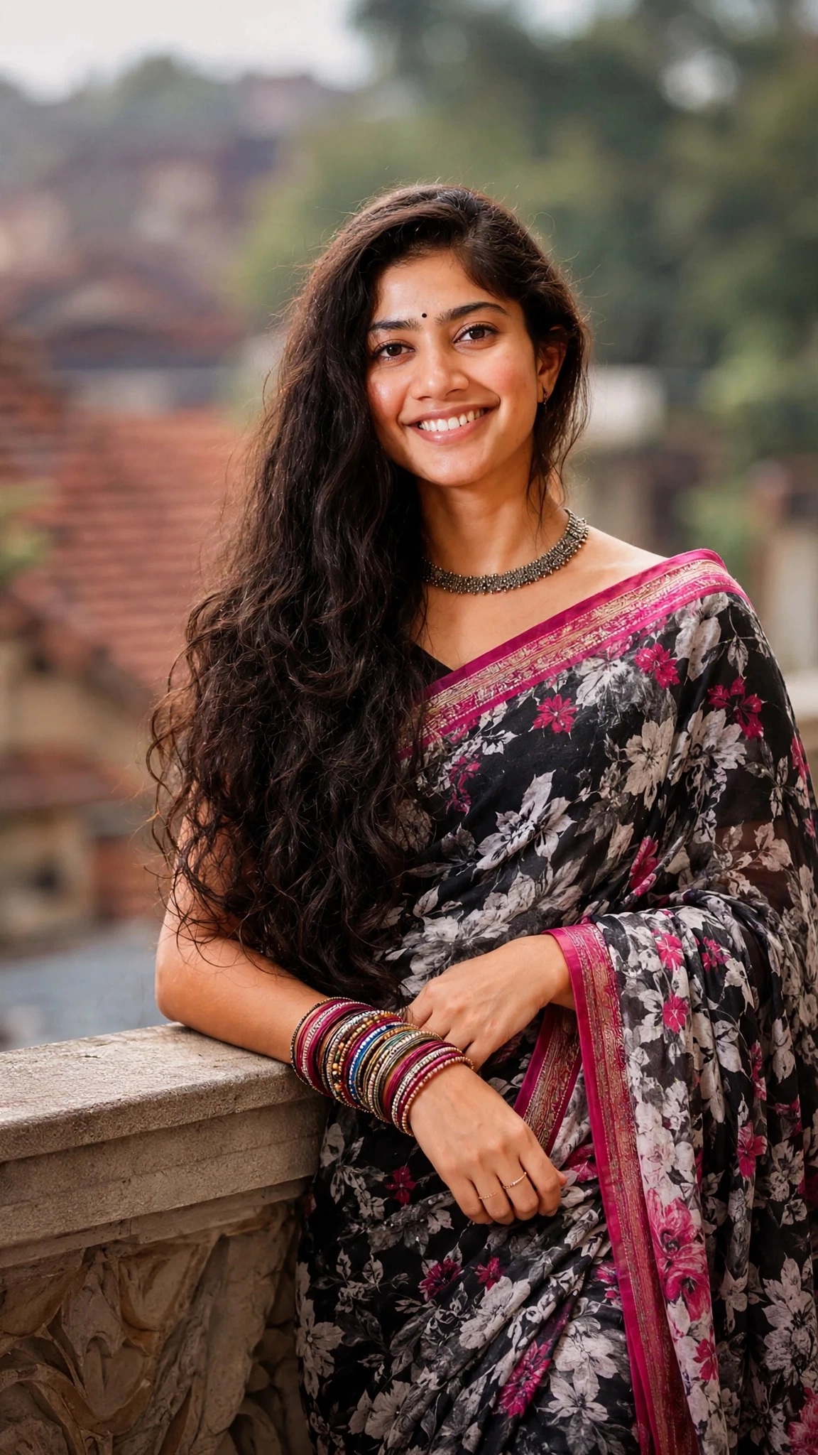 Floral Saree Stone Railing Portrait