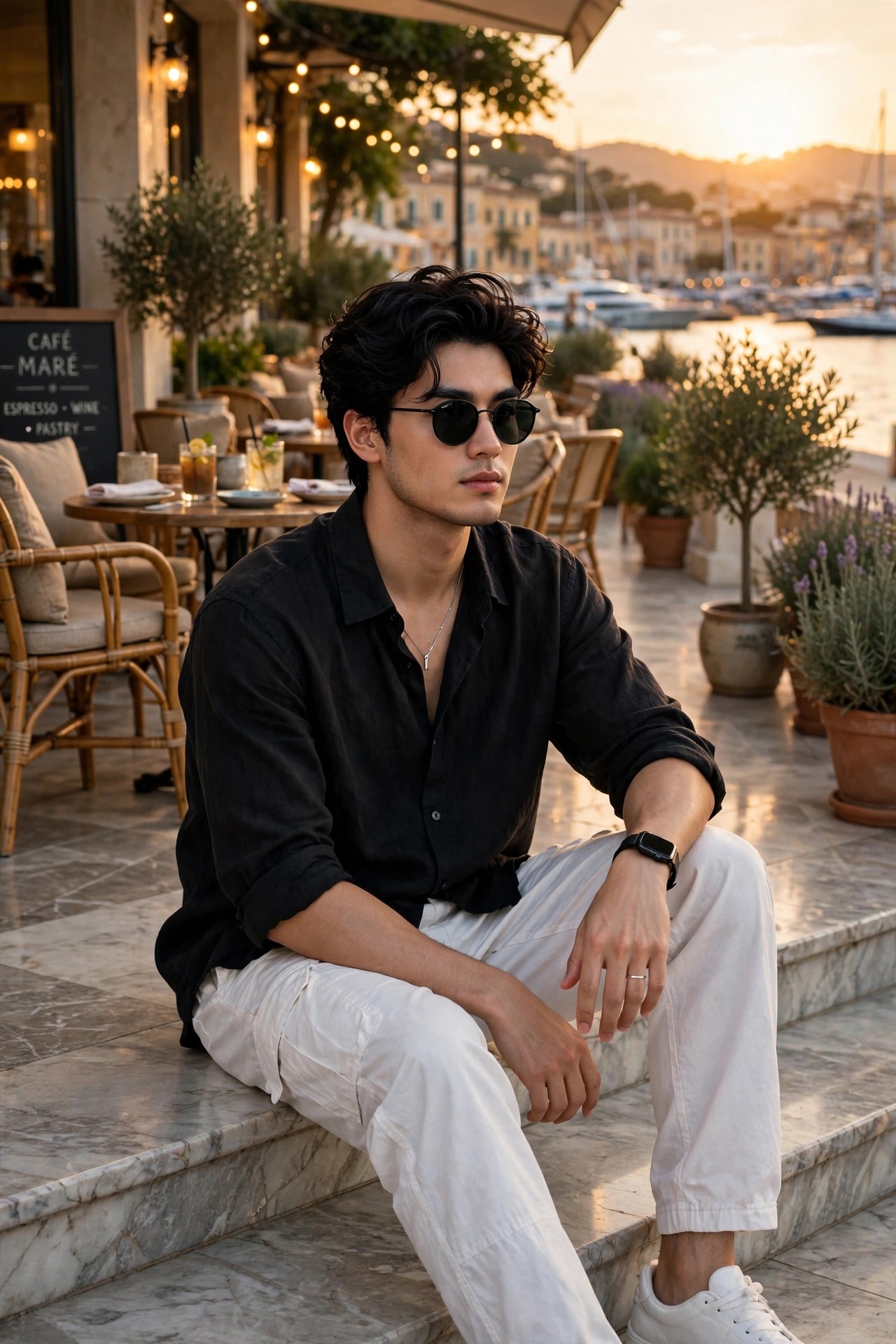 Golden Hour Waterfront Cafe Portrait