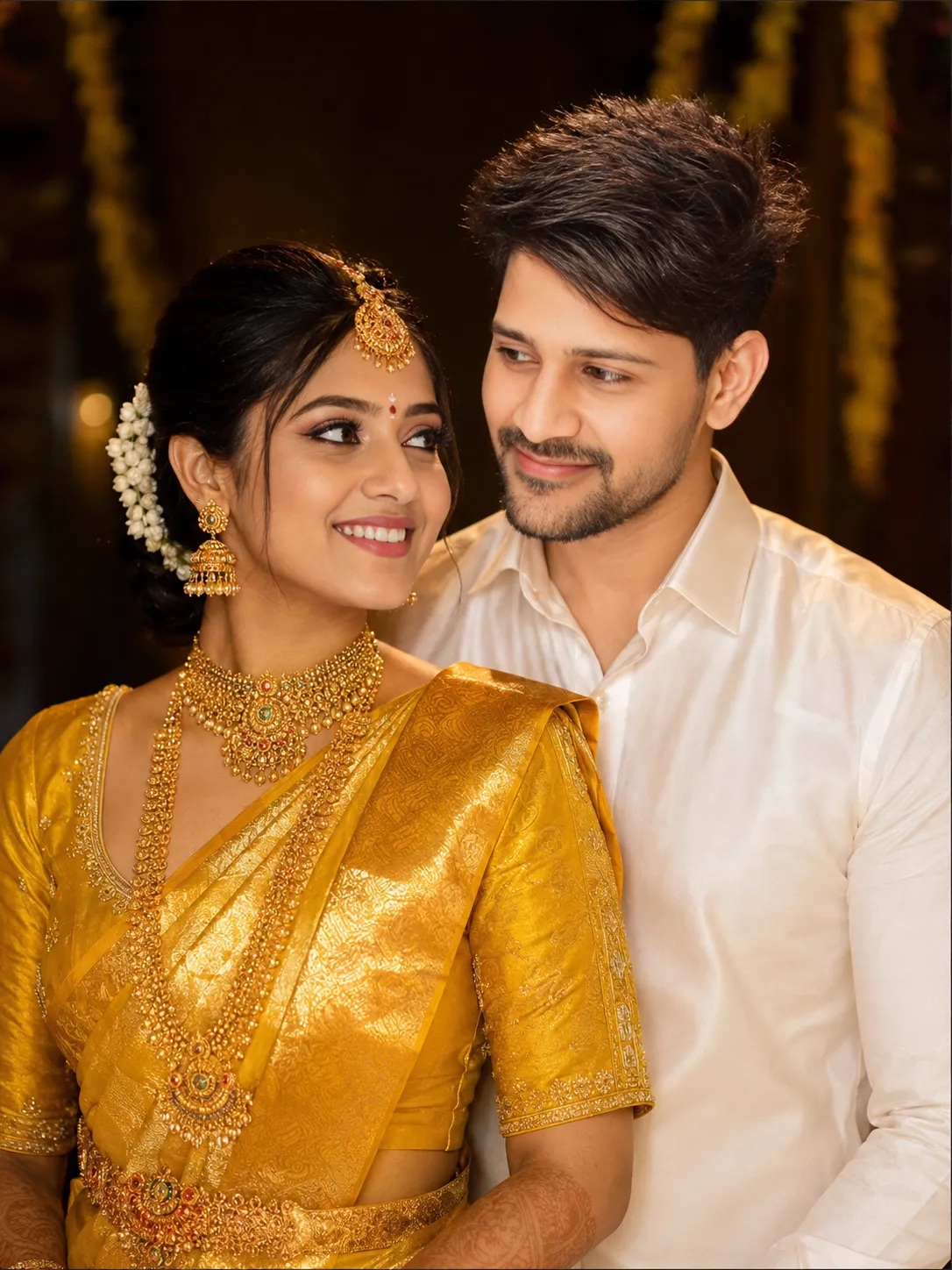 Golden Saree Newlywed Couple Portrait