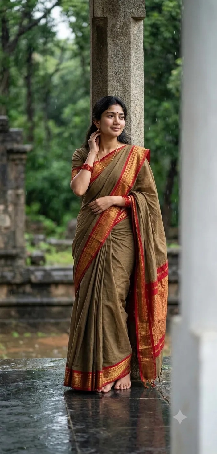 Rainy Temple Courtyard Saree Portrait