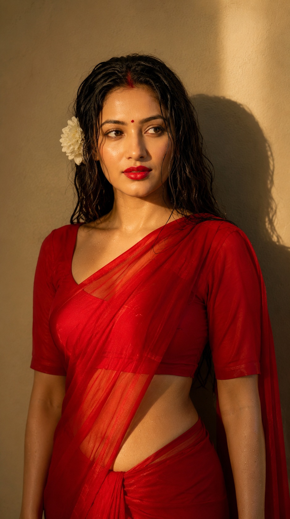Retro Red Saree Shadow Portrait