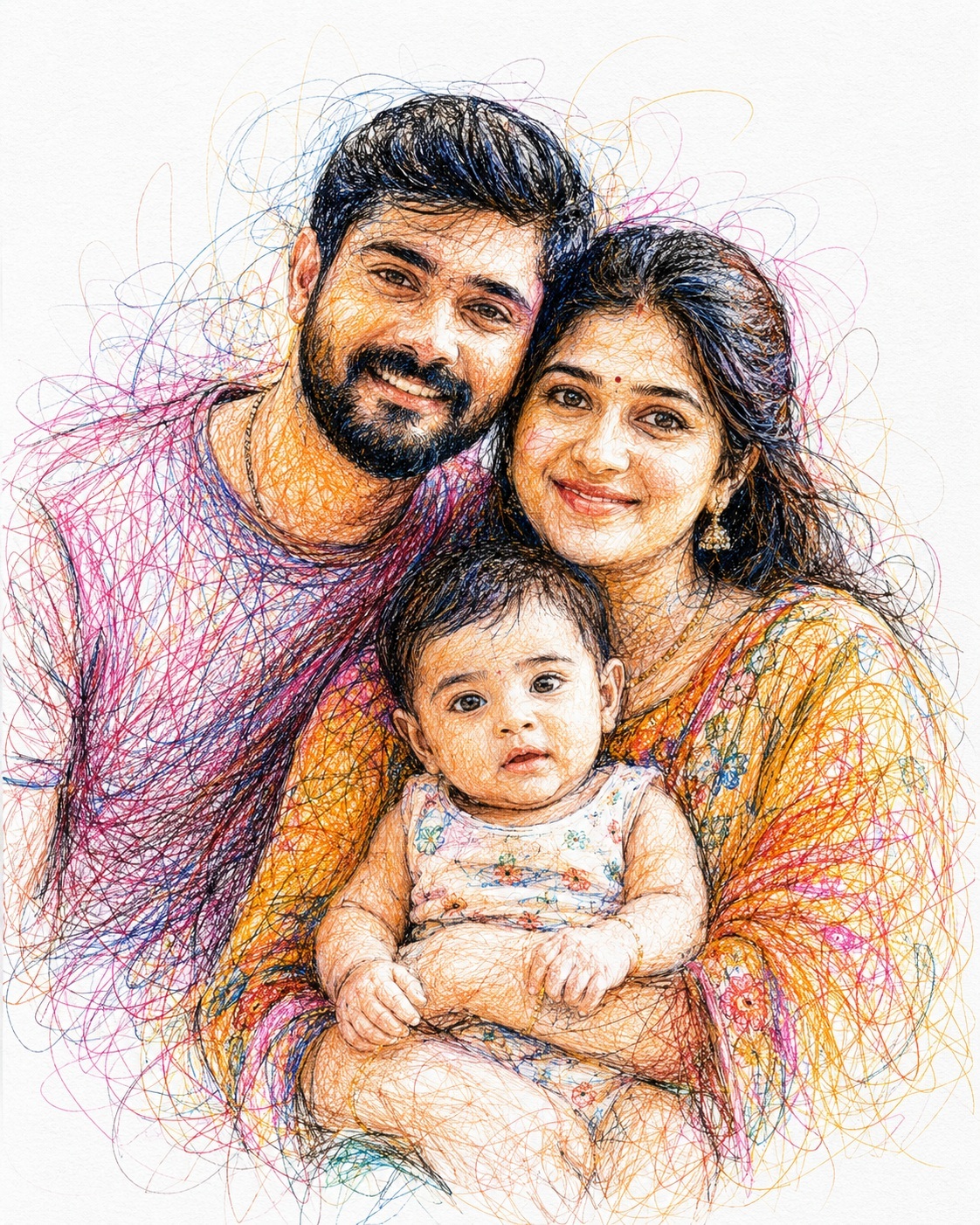 South Indian Family Scribble Art Portrait