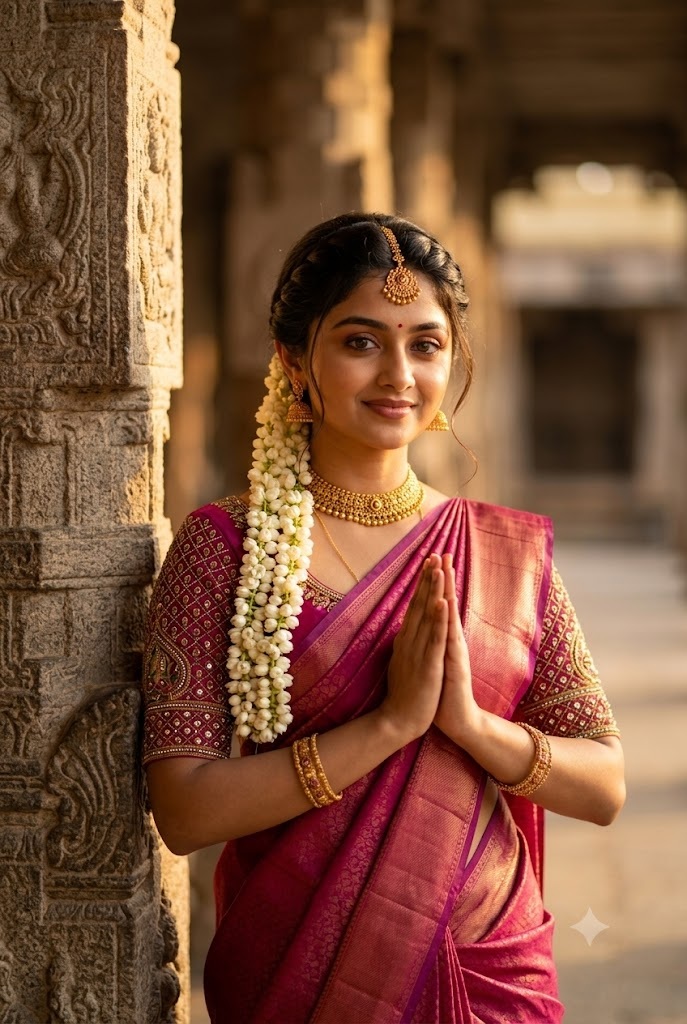 Temple Vanakkam Saree Portrait