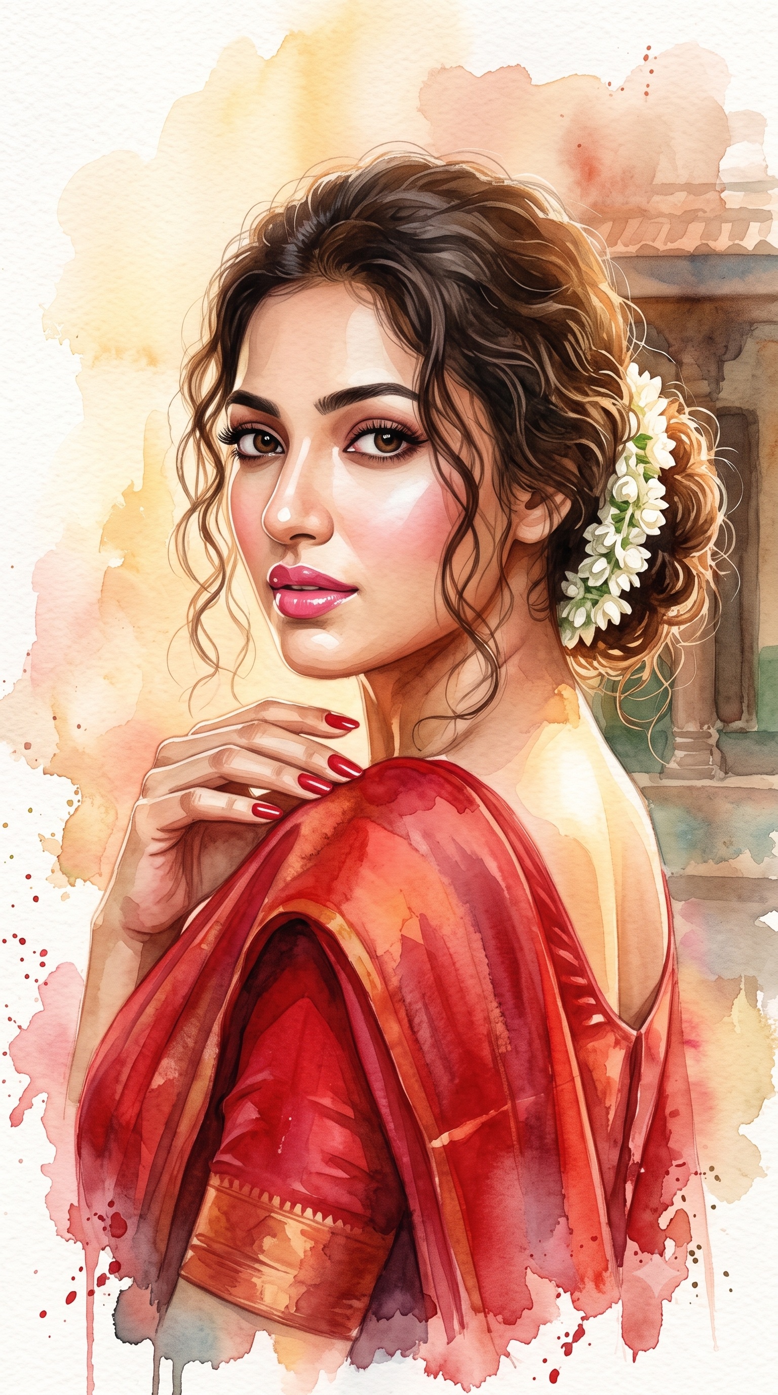 Watercolor Saree Over-Shoulder Portrait
