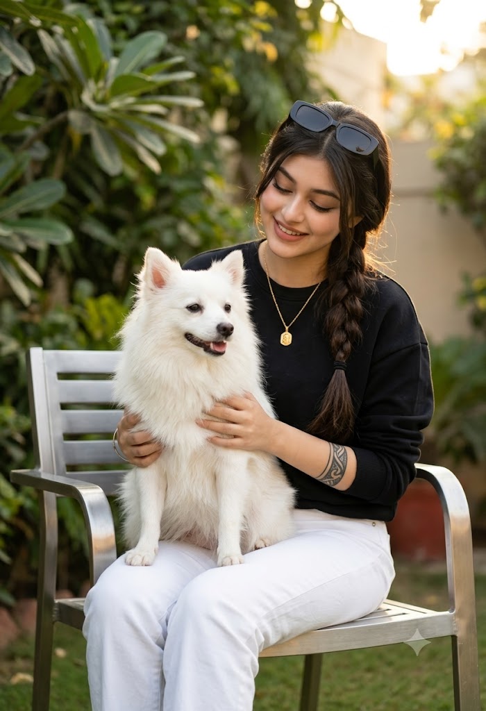 Woman with White Spitz Dog